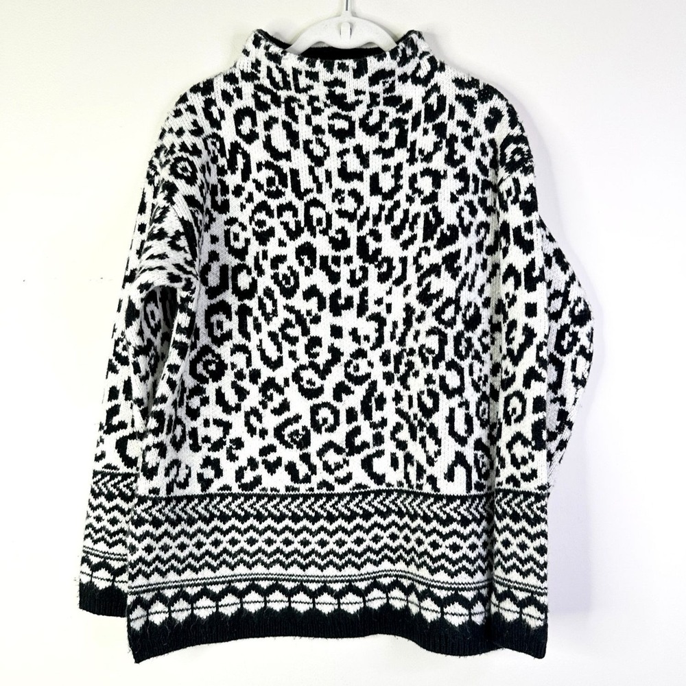 Ann Taylor Sweater Women M Black White Leopard Print Mock Wool Blend Boho Tunic